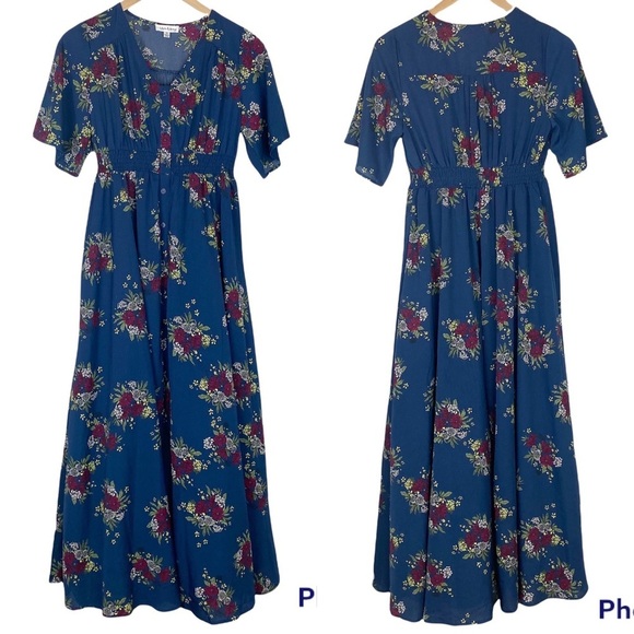 Wren & Ivory Dresses & Skirts - WREN & IVORY Blue Floral Short Sleeve Button-Front Maxi Dress Size Small